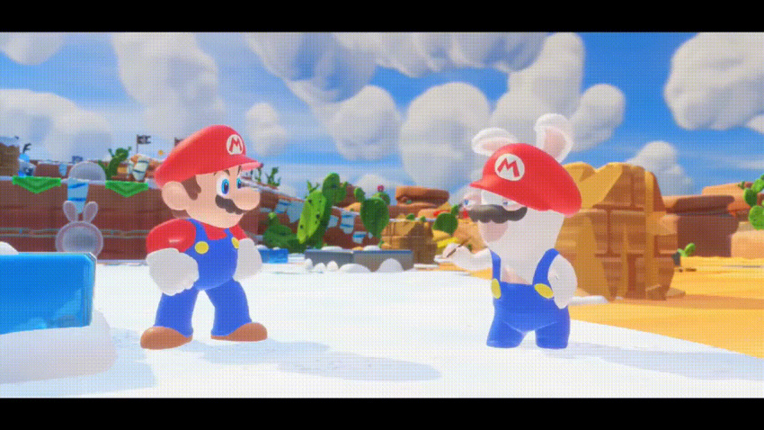 animated_gif, crossover, mandolin, mario, mario_+_rabbids_kingdom_battle, mustache, rabbid, rabbid_mario