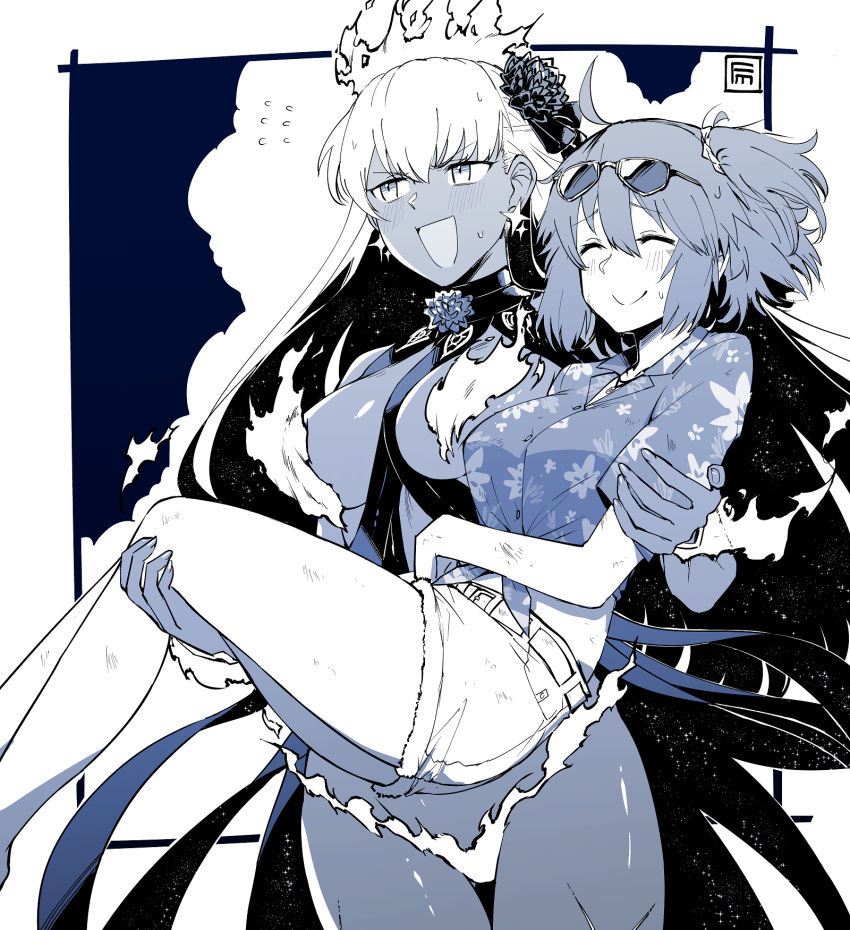 2girls, ahoge, bangs, bare_shoulders, blush, bracelet, breasts, carrying, closed_eyes, dark-skinned_female, dark_skin, earrings, eyewear_on_head, fate/grand_order, fate_(series), fire, floral_print, flower, fujimaru_ritsuka_(female), fumafu, greyscale, hair_flower, hair_ornament, hair_ribbon, hair_scrunchie, hawaiian_shirt, highres, jewelry, kama_(fate), kama_(swimsuit_avenger)_(fate), large_breasts, long_hair, lotus, monochrome, multiple_girls, one_side_up, open_mouth, princess_carry, revealing_clothes, ribbon, scrunchie, shirt, short_hair, short_shorts, short_sleeves, shorts, smile, star_(symbol), star_earrings, sunglasses, thighs, tied_shirt, tropical_summer_(fate)