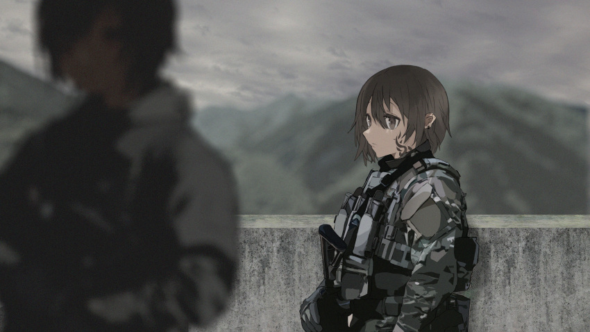 1girl, absurdres, assault_rifle, blurry, blurry_foreground, brown_eyes, brown_hair, camouflage