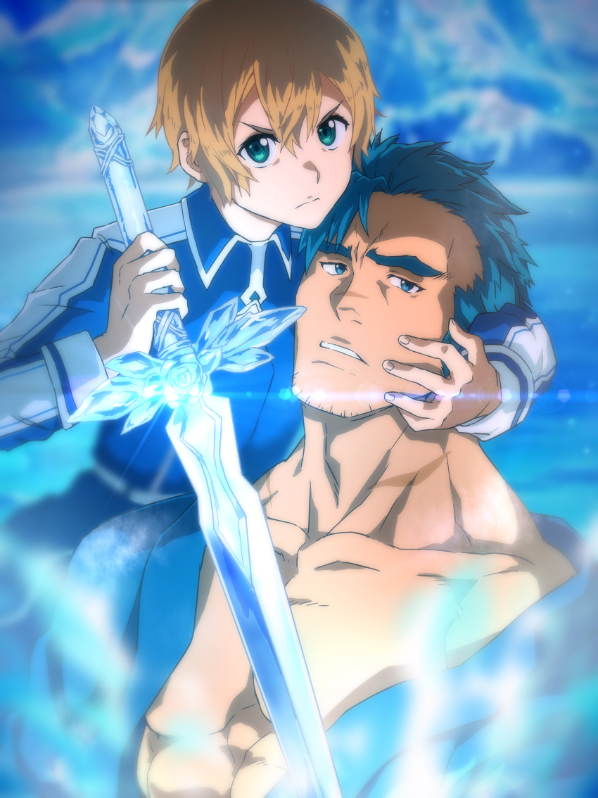 2boys, absurdres, bangs, bercouli_(sao), blonde_hair, blue_eyes, blue_hair, blue_jacket