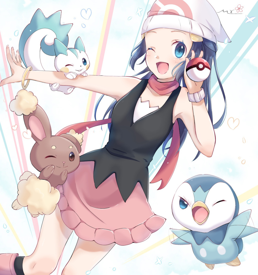 beanie, black_shirt, blue_eyes, blue_hair, buneary, hikari_(pokemon), hat, heart
