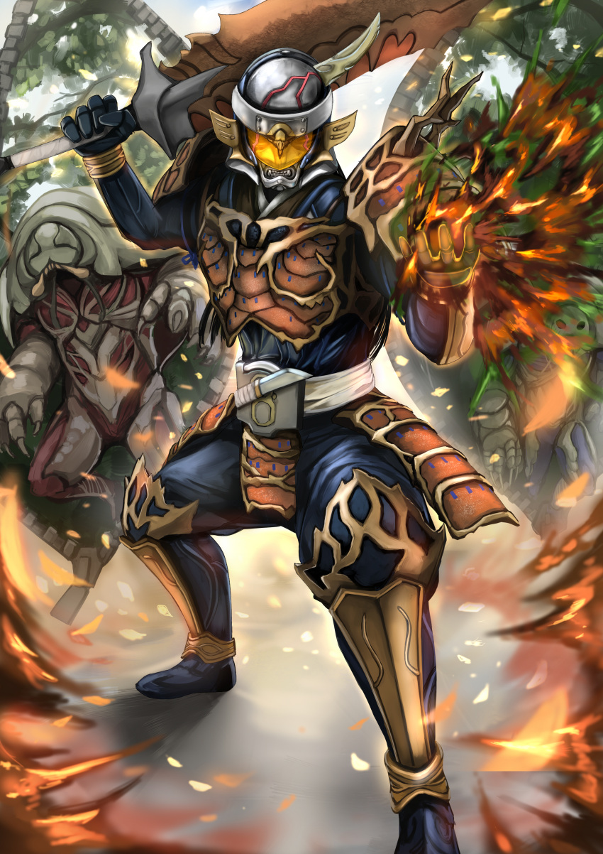 1boy, absurdres, another_gaim_(zi-o), another_rider_(zi-o), armor, clenched_teeth, creature, demon