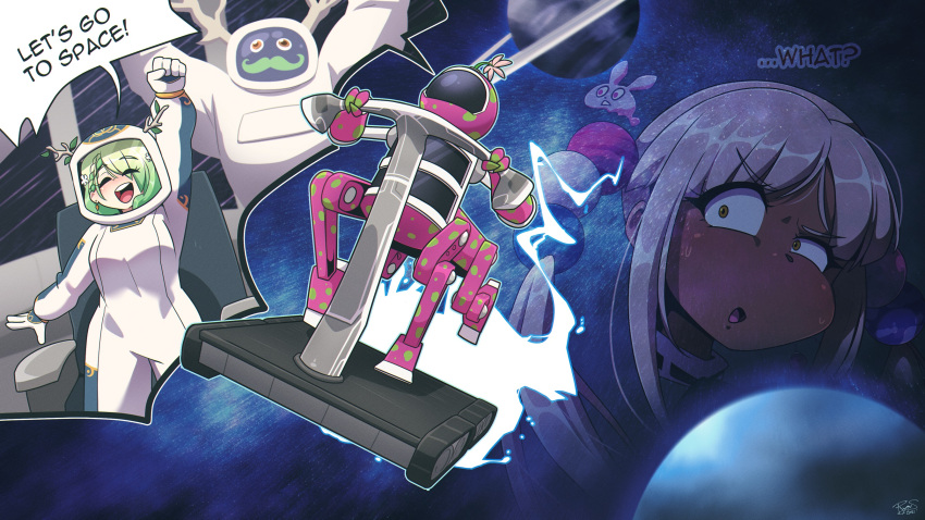 1other, 2girls, arms_up, centauroid, ceres_fauna, closed_eyes, dark-skinned_female, dark_skin, earrings, english_text, facial_hair, flower, green_hair, hair_flower, hair_ornament, highres, hololive, hololive_english, jewelry, multiple_girls, mustache, planet, ryou_sakai, signature, space_craft, spacesuit, spore_(game), taur, treadmill, tsukumo_sana, twintails, virtual_youtuber