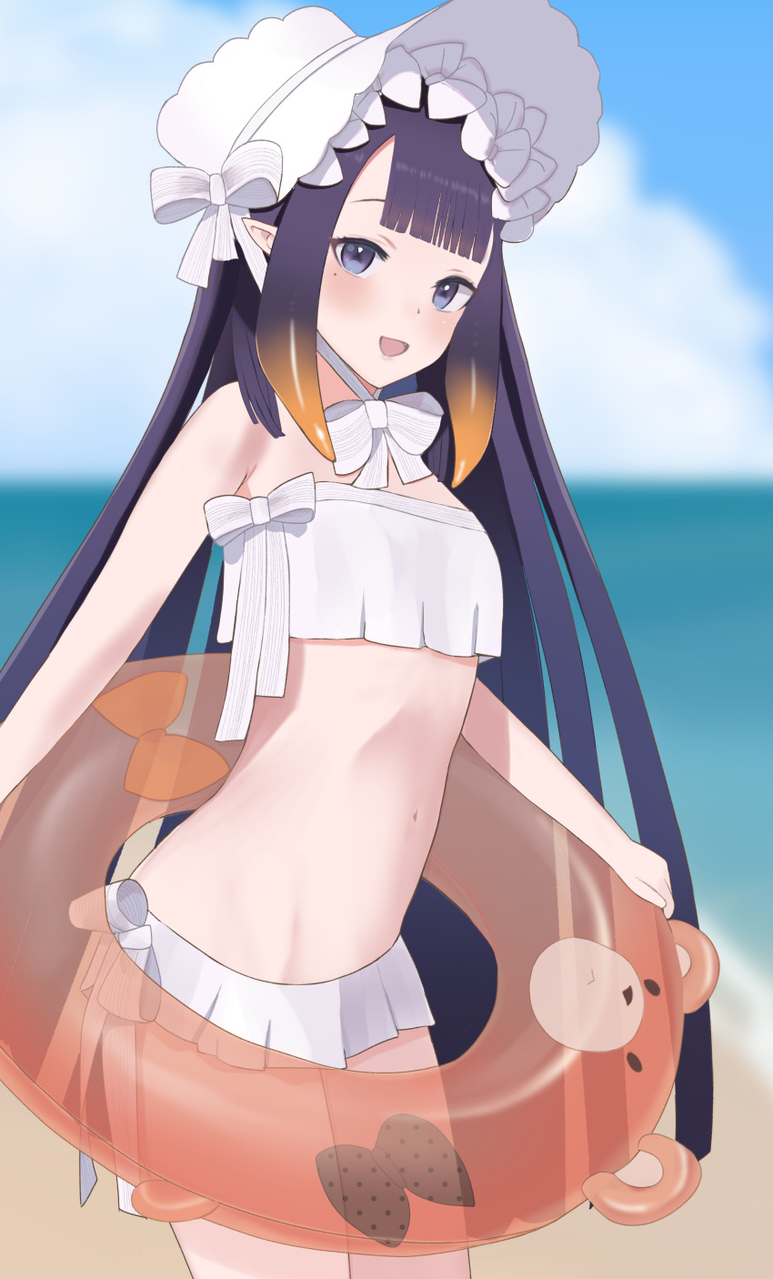 1girl, abigail_williams_(fate), abigail_williams_(swimsuit_foreigner)_(fate), abigail_williams_(swimsuit_foreigner)_(fate)_(cosplay), absurdres, bangs, blue_sky, blunt_bangs, blush, clouds, cloudy_sky, cosplay, fate/grand_order, fate_(series), flat_chest, hat, highres, hololive, hololive_english, innertube, long_hair, looking_at_viewer, me0i, mole, navel, ninomae_ina'nis, ocean, open_mouth, outdoors, pleated_skirt, purple_hair, skirt, sky, smile, solo, swimsuit, violet_eyes, virtual_youtuber, water