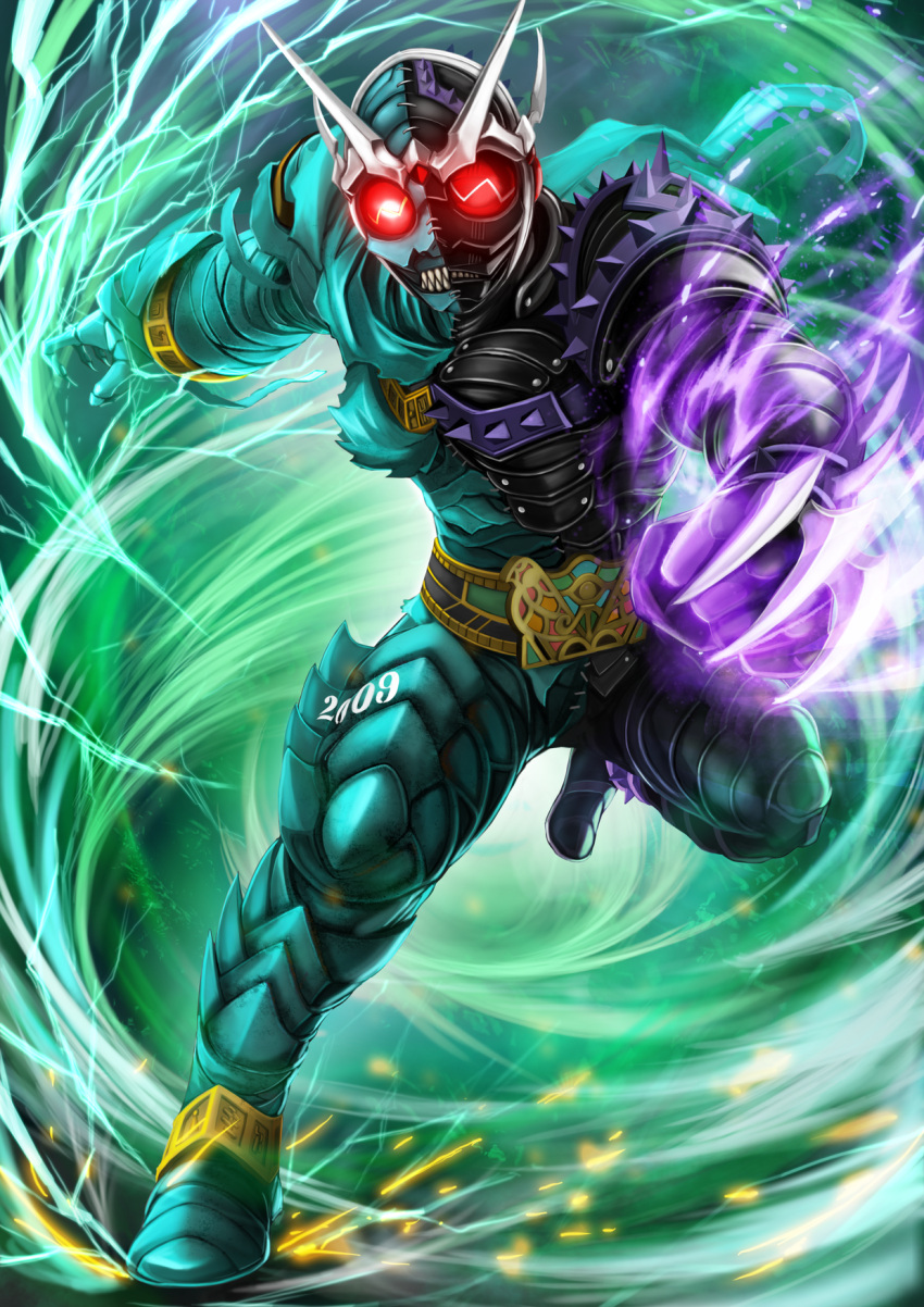 1boy, 2009, another_double_(zi-o), another_rider_(zi-o), armor, asymmetrical_armor, black_armor, clenched_teeth