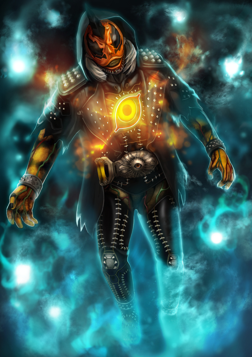 1boy, absurdres, another_ghost_(zi-o), another_rider_(zi-o), black_horns, clenched_teeth, colored_skin, creature