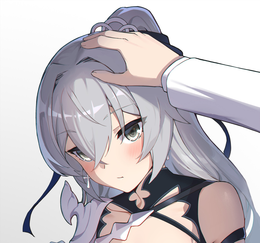 1girl, black_eyes, blush, bronya_zaychik, closed_mouth, eyebrows_visible_through_hair, fool_xiaotian, grey_hair