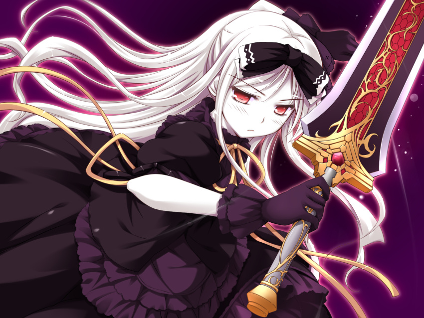 avril_(shukufuku_no_campanella), dress, game_cg, gloves, gothic, ko~cha, long_hair, red_eyes, ribbons, shukufuku_no_campanella, sword, weapon, white_hair