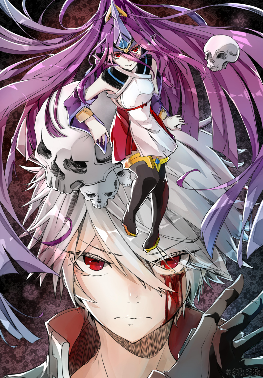 1boy, 1girl, absurdres, black_gloves, blazblue, blood, blood_on_face, breasts