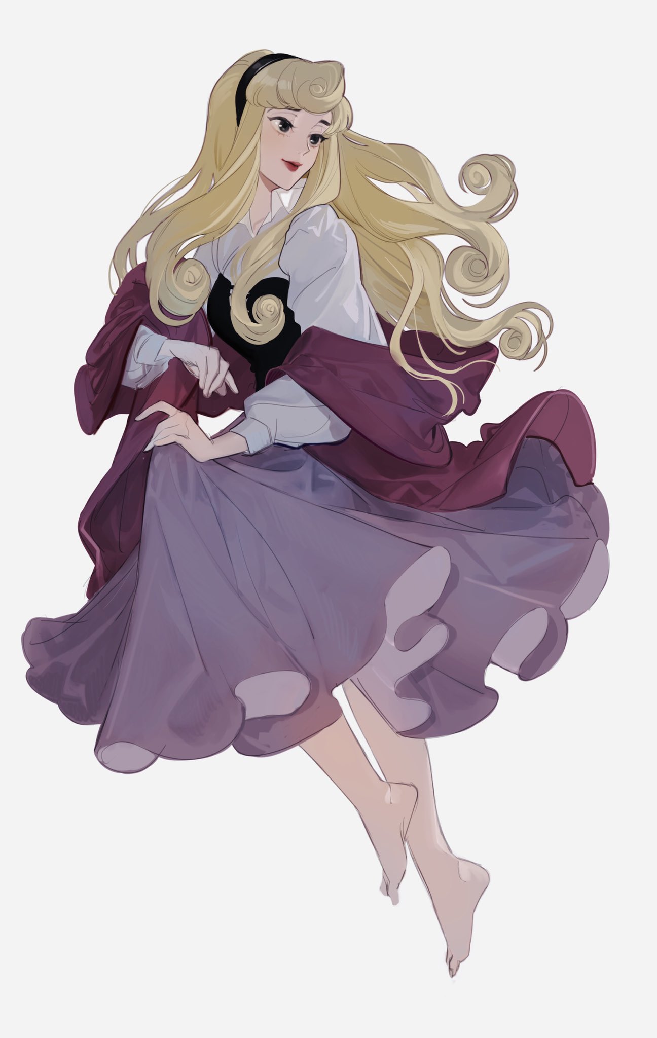 1girl, aurora_(disney), bangs, barefoot, black_eyes, black_hairband, blonde_hair, breasts, closed_mouth, curly_hair, disney, dress, full_body, grey_background, hairband, highres, kushami_deso, lips, long_hair, long_sleeves, simple_background, sleeping_beauty, sleeping_beauty_(disney), solo