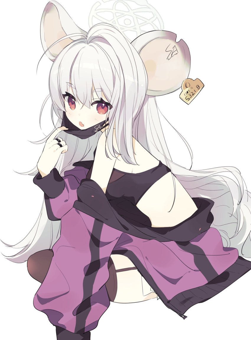 1girl, :o, animal_ears, bangs, black_legwear, blue_archive, blush, ear_tag