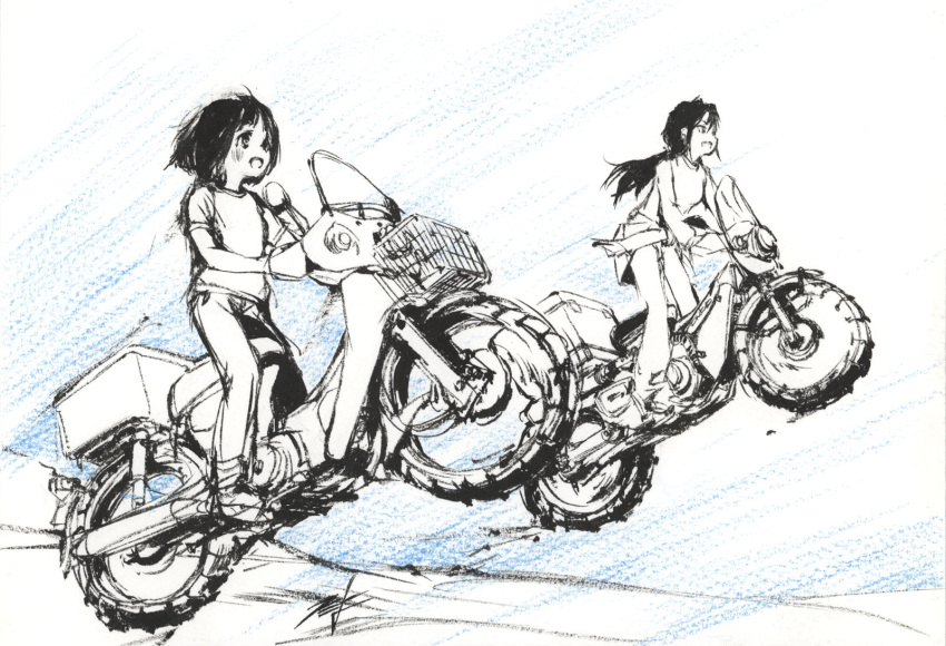 2girls, driving, ground_vehicle, hi_fumiyo, highres, koguma_(super_cub), motor_vehicle, motorcycle