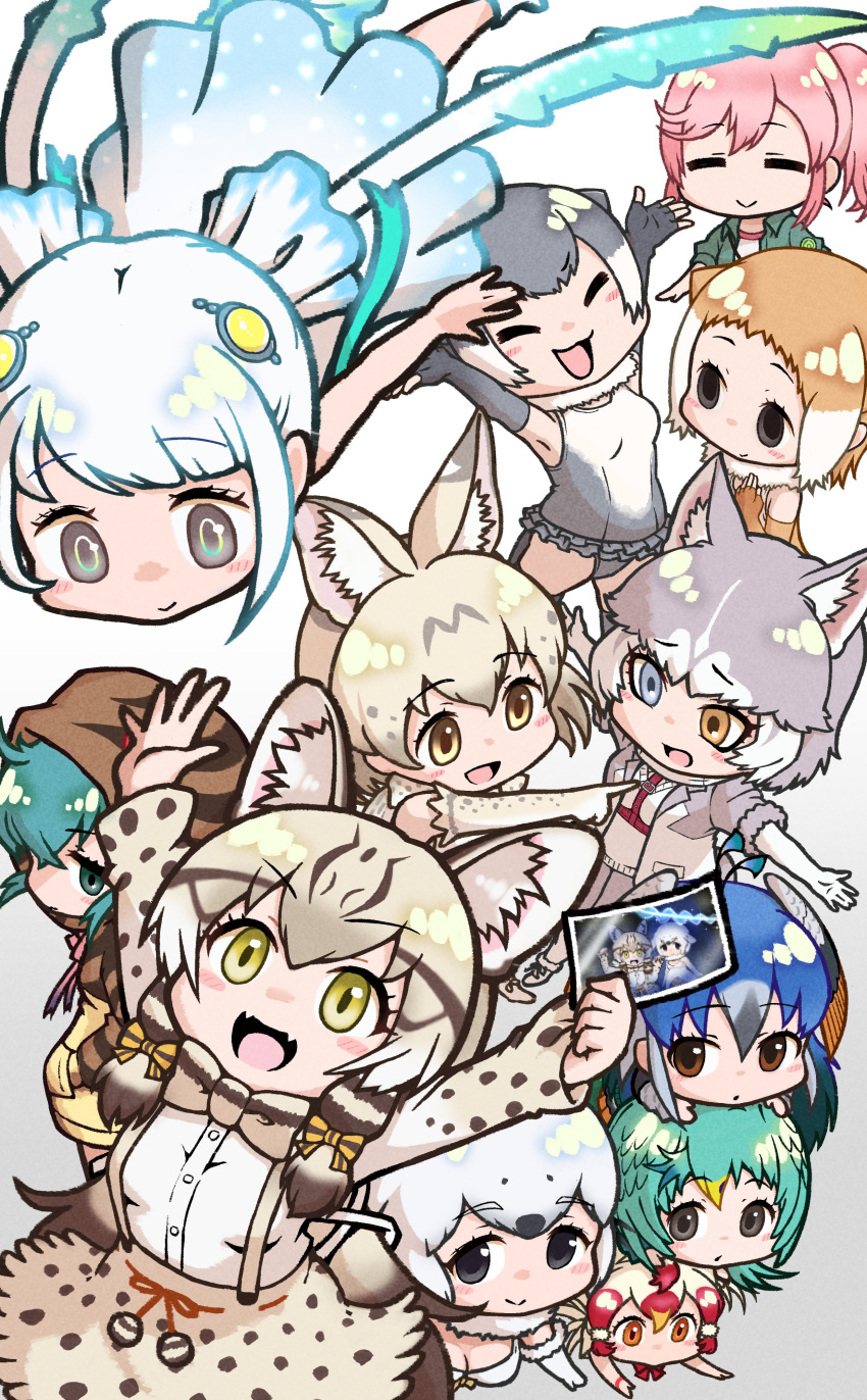 6+girls, ^_^, absurdres, animal_ears, arms_up, bird_wings, black_eyes, blonde_hair