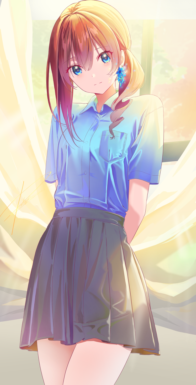 1girl, arms_behind_back, black_skirt, blue_eyes, blue_shirt, breast_pocket, brown_hair, collared_shirt