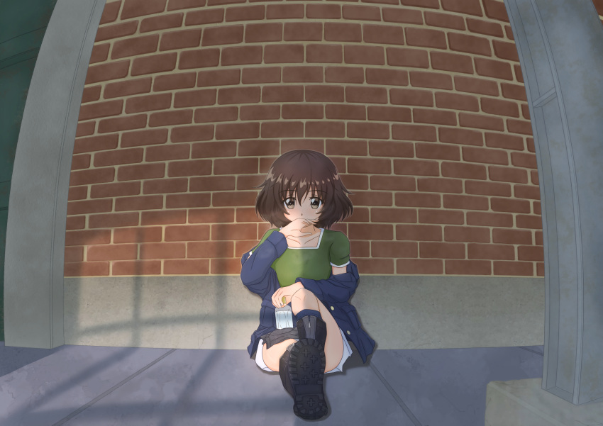 1girl, absurdres, akiyama_yukari, bangs, black_footwear, black_gloves, blue_jacket, blue_legwear