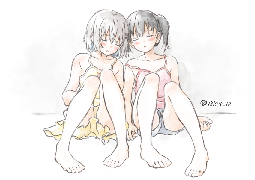 2girls, artist_name, barefoot, black_hair, camisole, closed_eyes, dress, grey_hair, hair_ornament, hairclip, highres, holding_hands, kuraue_hinata, multiple_girls, on_ground, shichosa, short_twintails, side-by-side, sitting, sleeping, strap_slip, twintails, yama_no_susume, yellow_dress, yukimura_aoi, yuri
