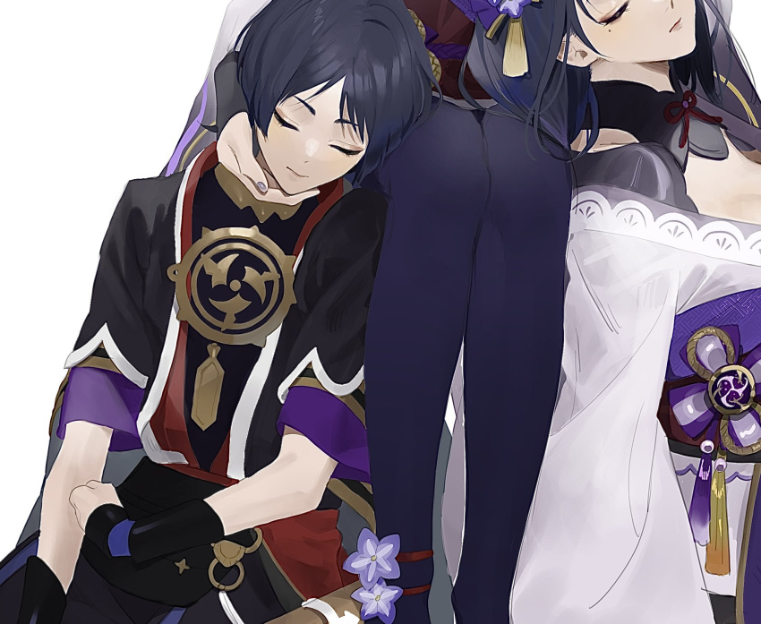 1boy, 2girls, armor, bangs, black_hair, breasts, closed_eyes, flower