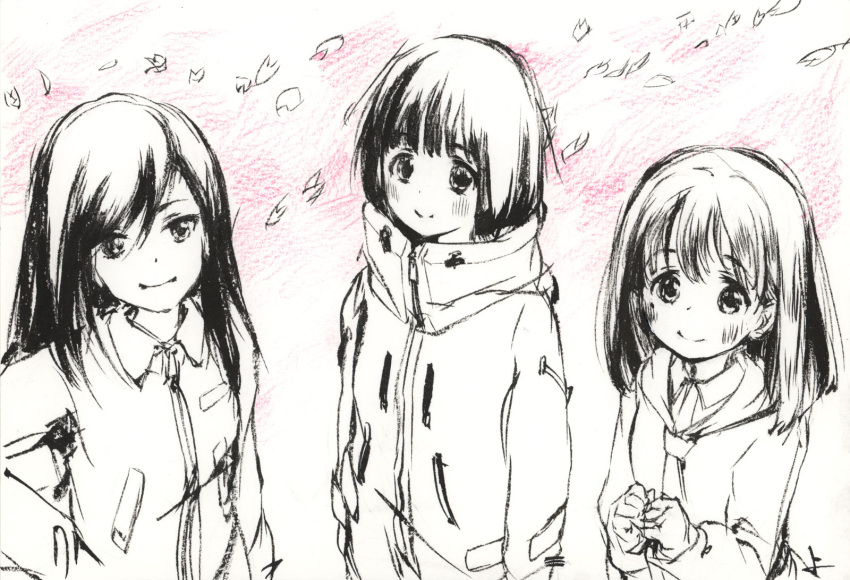 3girls, blush, cherry_blossoms, eniwa_shii, hi_fumiyo, highres, jacket, koguma_(super_cub), long_hair, looking_at_viewer, multiple_girls, partially_colored, reiko_(super_cub), school_uniform, short_hair, sketch, smile, super_cub, traditional_media, upper_body