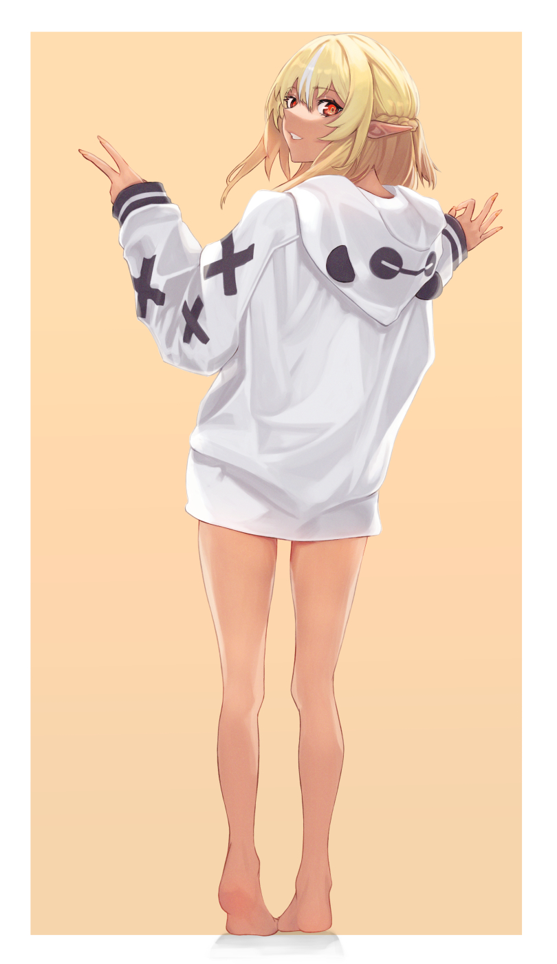 1girl, alternate_costume, back, bare_legs, barefoot, blonde_hair, braid, casual
