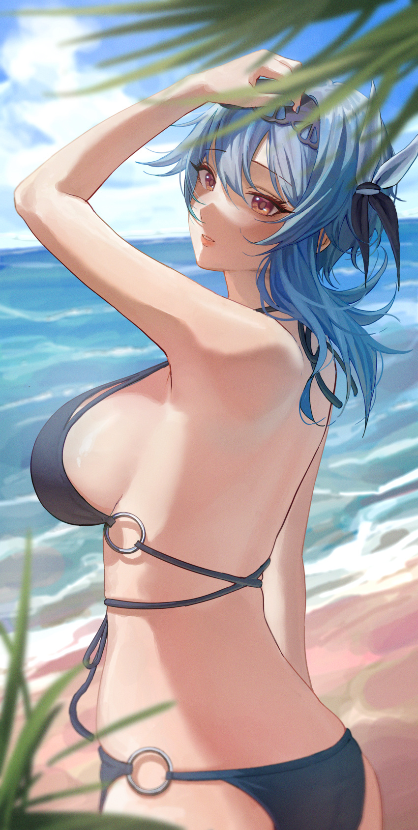 1girl, absurdres, beach, bikini, black_bikini, blue_hair, blue_nails, blue_sky