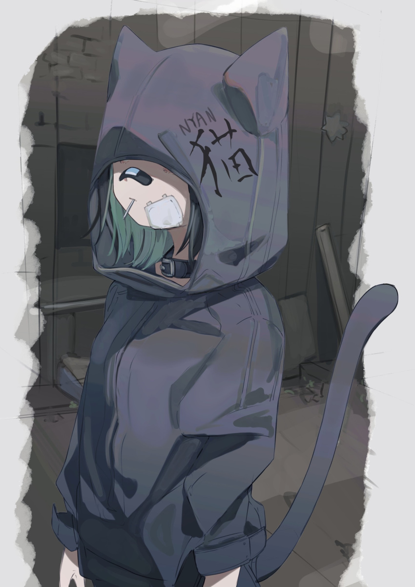 1girl, absurdres, animal_ears, animal_hood, arms_at_sides, bandaid, bandaid_on_face, bandaid_on_nose