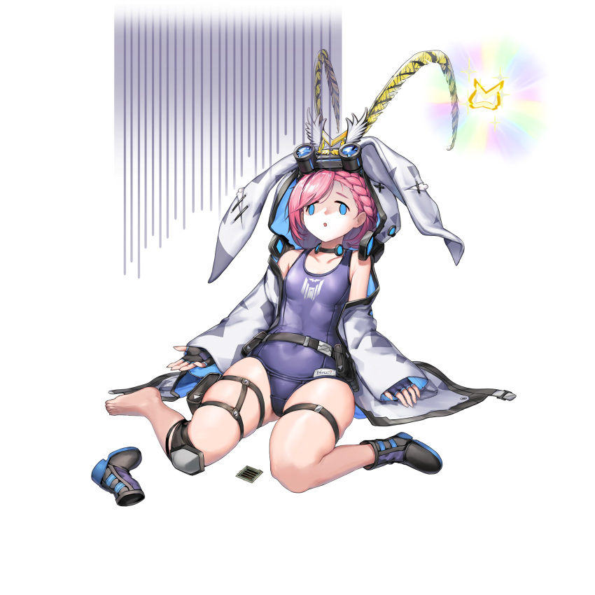1girl, animal_ears, animal_hood, blue_eyes, boots, braid, breasts, bumcha, bunny_hood, character_name, covered_navel, crown_braid, earpiece, efreeti_(last_origin), face_of_the_people_who_sank_all_their_money_into_the_fx, fingerless_gloves, game_cg, gloves, goggles, goggles_on_head, highres, hood, hood_up, hooded_jacket, jacket, knee_pads, last_origin, official_art, one-piece_swimsuit, open_mouth, pink_hair, rabbit_ears, short_hair, swimsuit