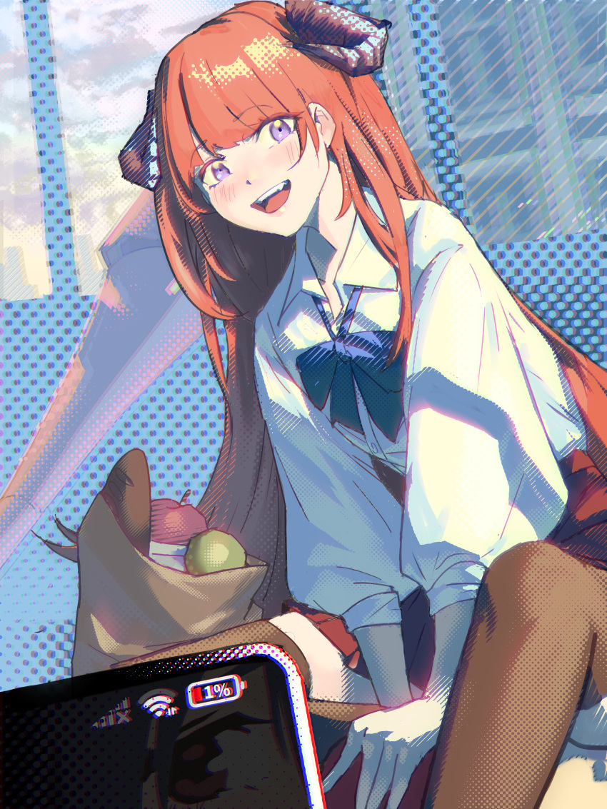 2girls, :d, absurdres, apple, arknights, bag, bagpipe_(arknights), bakage, bangs, blue_bow, blue_neckwear, blush, bow, bowtie, bread, brown_legwear, cellphone, ch'en_(arknights), collared_shirt, dragon_horns, eyebrows_visible_through_hair, female_pov, food, fruit, highres, horns, long_hair, long_sleeves, looking_at_viewer, miniskirt, multiple_girls, open_mouth, orange_hair, phone, pov, puffy_long_sleeves, puffy_sleeves, red_skirt, reflection, school_uniform, shirt, shopping_bag, sitting, skirt, smartphone, smile, solo_focus, straight_hair, thigh-highs, upper_teeth, very_long_hair, violet_eyes