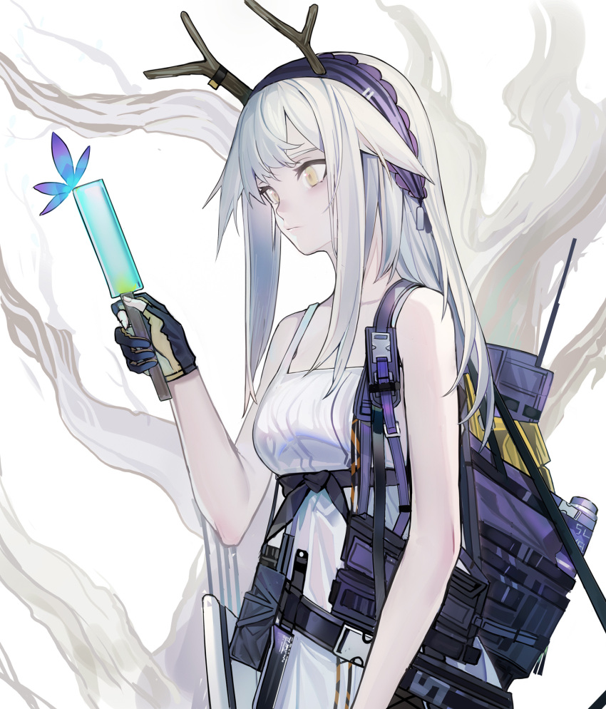 1girl, antlers, arknights, backpack, bag, bare_shoulders, bare_tree, black_gloves, breasts, closed_mouth, commentary_request, cowboy_shot, dagger, dress, echj, firewatch_(arknights), firewatch_(wilted_cypress)_(arknights), gloves, hairband, highres, holding, knife, long_hair, official_alternate_costume, partially_fingerless_gloves, pouch, purple_hairband, sidelocks, silver_hair, simple_background, sleeveless, sleeveless_dress, small_breasts, solo, tree, underbust, weapon, white_background, white_dress, yellow_eyes