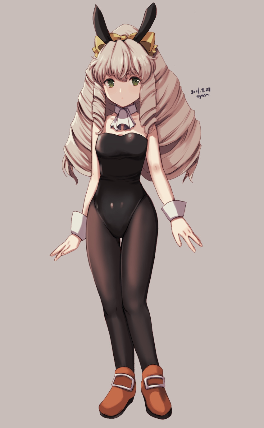 1girl, animal_ears, black_legwear, black_leotard, boots, breasts, dated, detached_collar