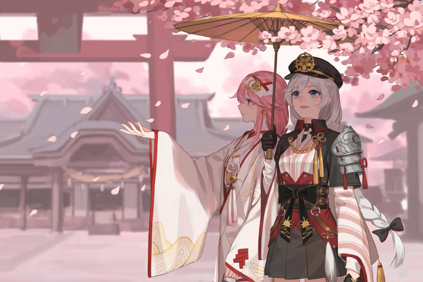 2girls, :d, architecture, bamboo_nima, bangs, black_gloves, black_headwear, blue_eyes