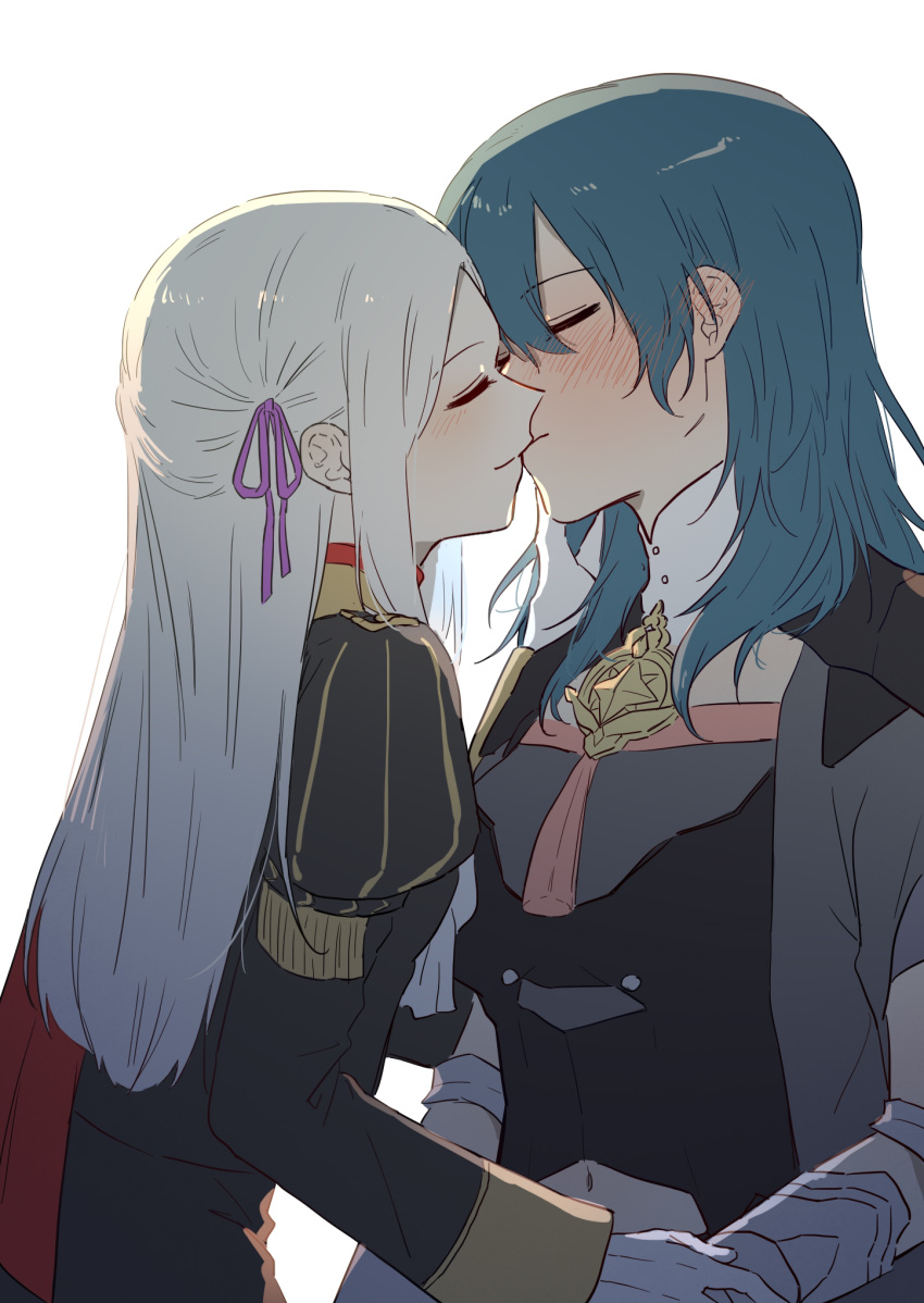 2girls, blue_hair, blush, breasts, byleth_(fire_emblem), byleth_eisner_(female), closed_eyes, clothing_cutout, edelgard_von_hresvelg, eyebrows_visible_through_hair, fire_emblem, fire_emblem:_three_houses, hair_ribbon, highres, kiss, long_hair, medium_breasts, multiple_girls, natsuyiro_x, navel, navel_cutout, ribbon, simple_background, white_background, yuri