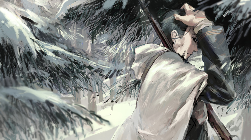 1boy, black_eyes, black_hair, cape, closed_mouth, forest, from_side, golden_kamuy