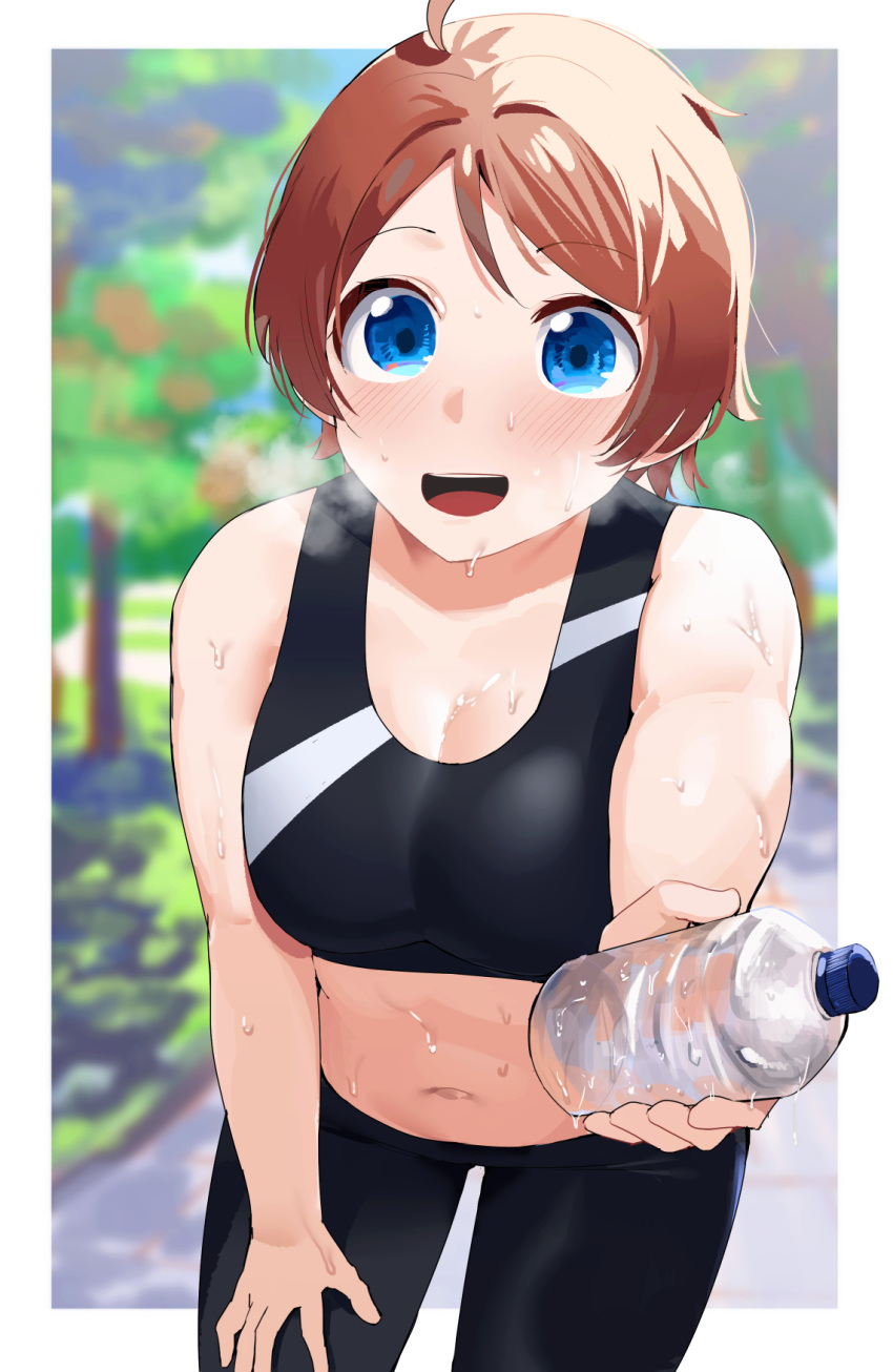 1girl, ahoge, black_bra, black_panties, blue_eyes, blurry, blurry_background, blush
