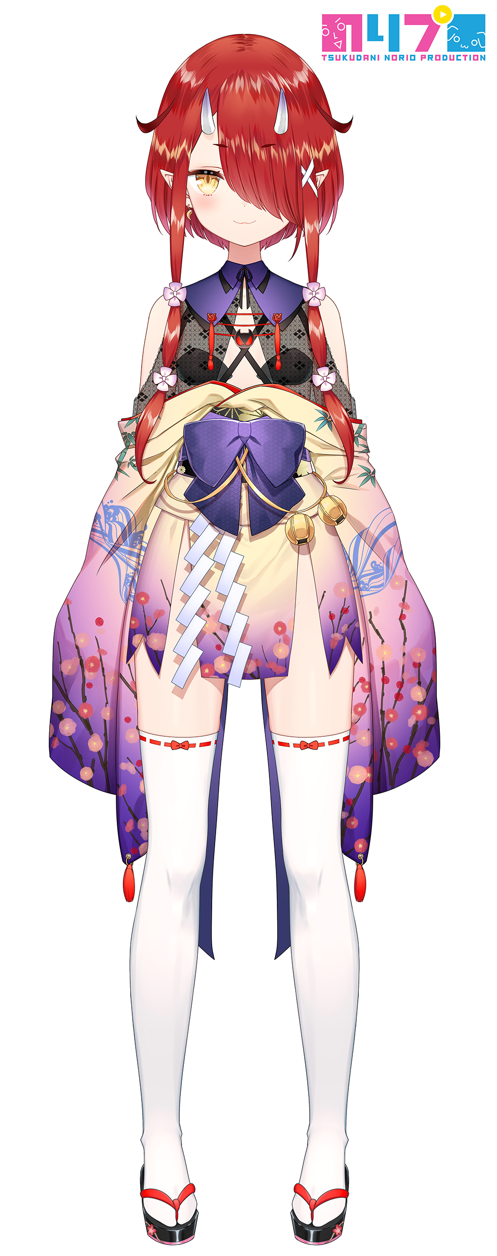 1girl, absurdres, bangs, bare_shoulders, bell, cherry_blossom_print, commentary_request, eyebrows_visible_through_hair, floral_print, full_body, hair_over_one_eye, highres, hoozuki_warabe, horns, japanese_clothes, jingle_bell, kimono, noripro, obi, off_shoulder, official_art, oni, oni_horns, pointy_ears, purple_sash, redhead, sash, second-party_source, socks, solo, straight-on, tabi, tachi-e, tassel, thigh-highs, virtual_youtuber, white_legwear, wing_collar, yasuyuki, yellow_eyes