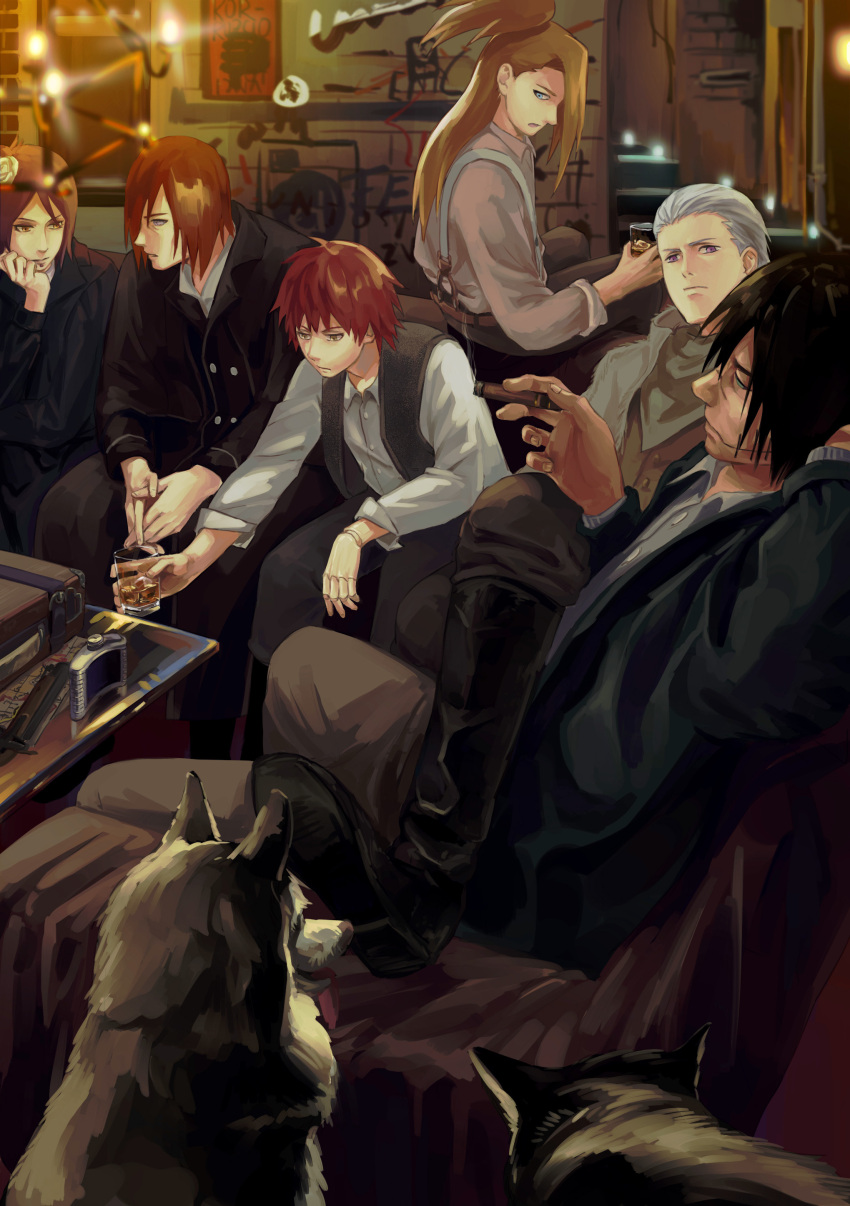 1girl, 5boys, absurdres, akatsuki_(naruto), alcohol, bangs, black_hair, black_jacket