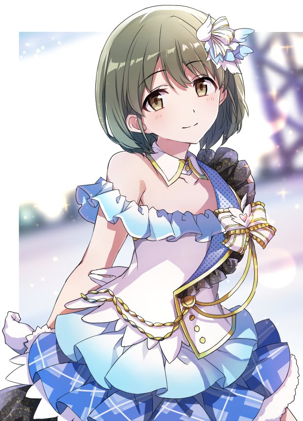 1girl, blush, green_eyes, green_hair, idolmaster, idolmaster_shiny_colors, looking_at_viewer, nanakusa_nichika, short_hair, smile, solo, tsuezu