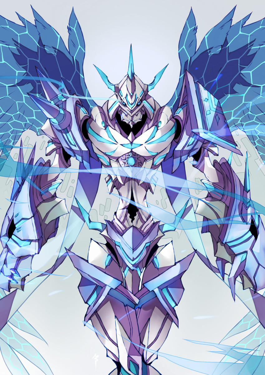 1boy, absurdres, angel_wings, armor, blue_eyes, commentary, digimon, digimon_(creature), digimon_adventure, digimon_adventure_tri., english_commentary, grey_background, highres, horns, looking_at_viewer, multiple_horns, nateasora, omegamon, omegamon_merciful_mode, solo, spikes, wings