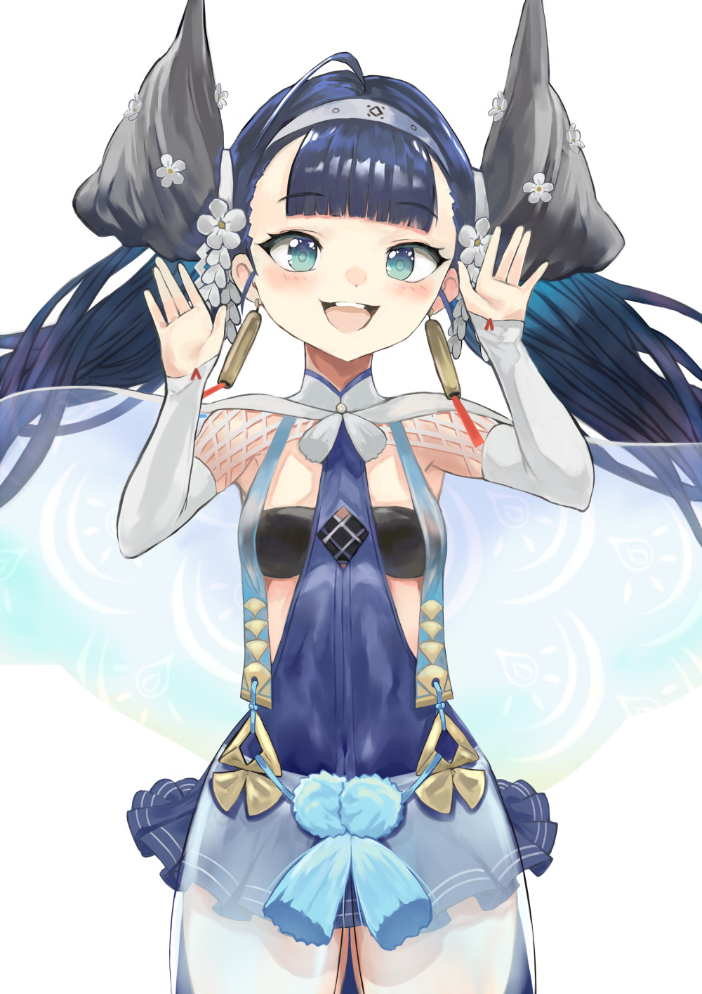 1girl, azur_lane, bangs, black_hair, blue_dress, blue_eyes, commentary_request, detached_sleeves