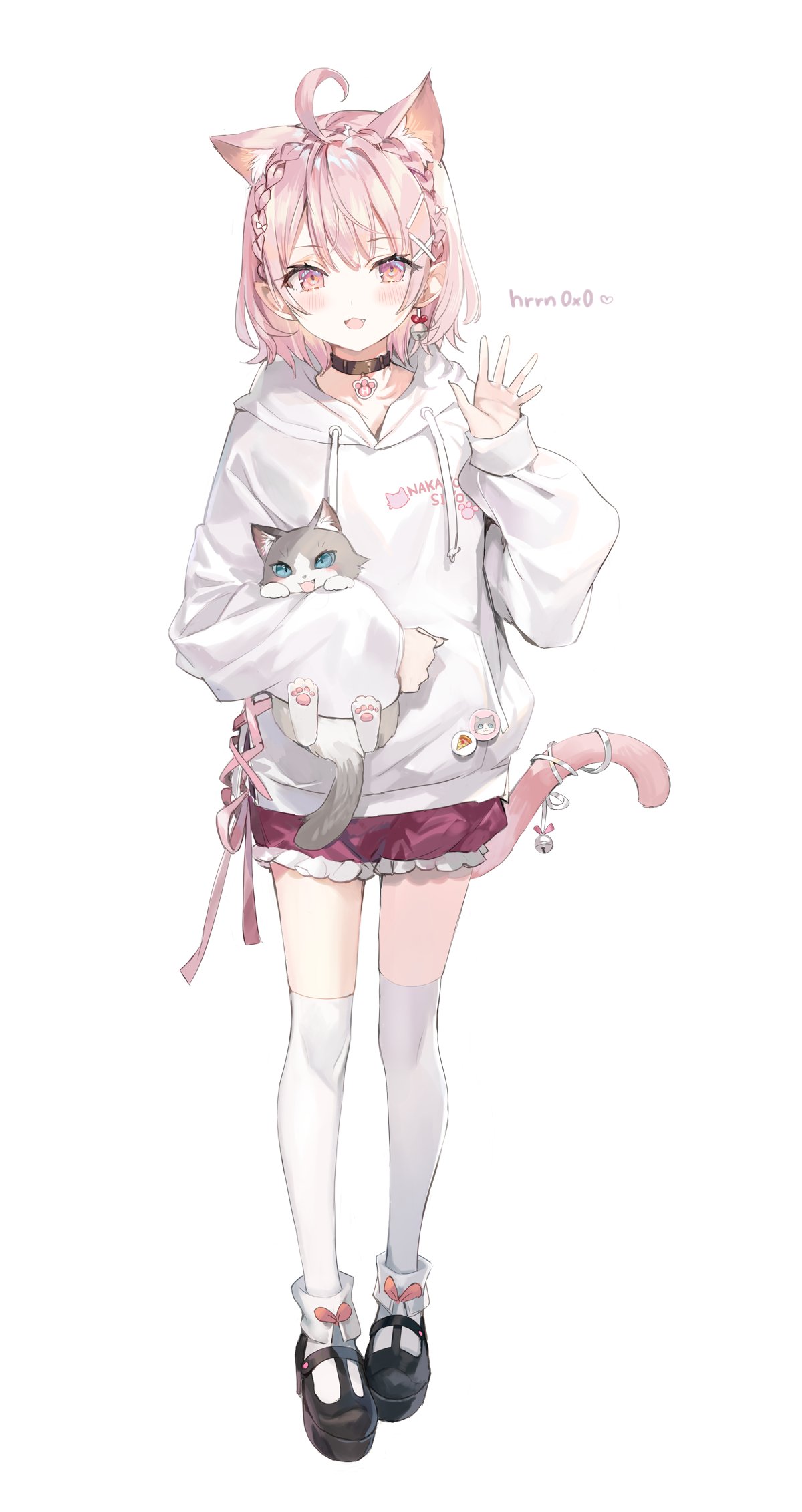 1girl, :d, ahoge, animal, animal_ears, black_choker, black_footwear, braid