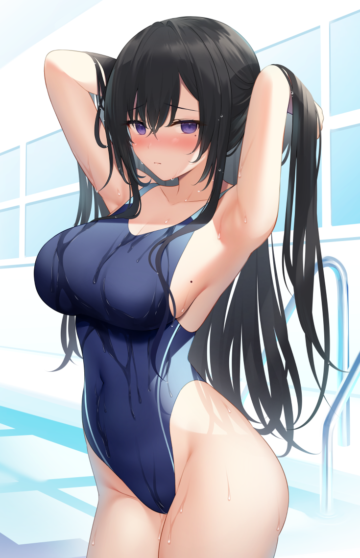 1girl, armpits, arms_behind_head, arms_up, black_hair, blue_swimsuit, blush, breasts