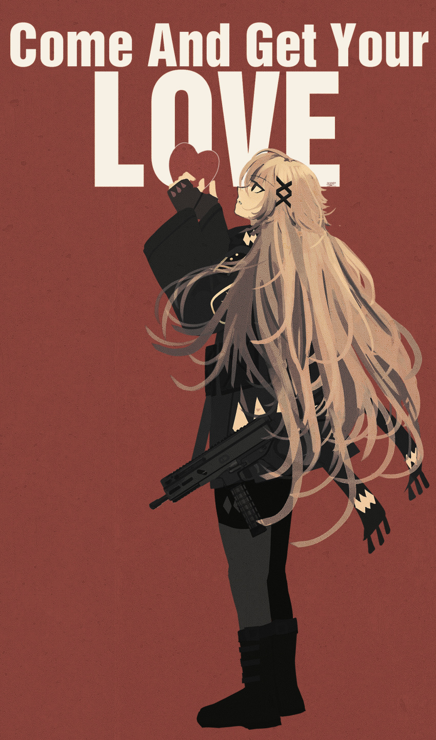 1girl, absurdres, boots, english_text, fingerless_gloves, from_side, full_body, girls_frontline