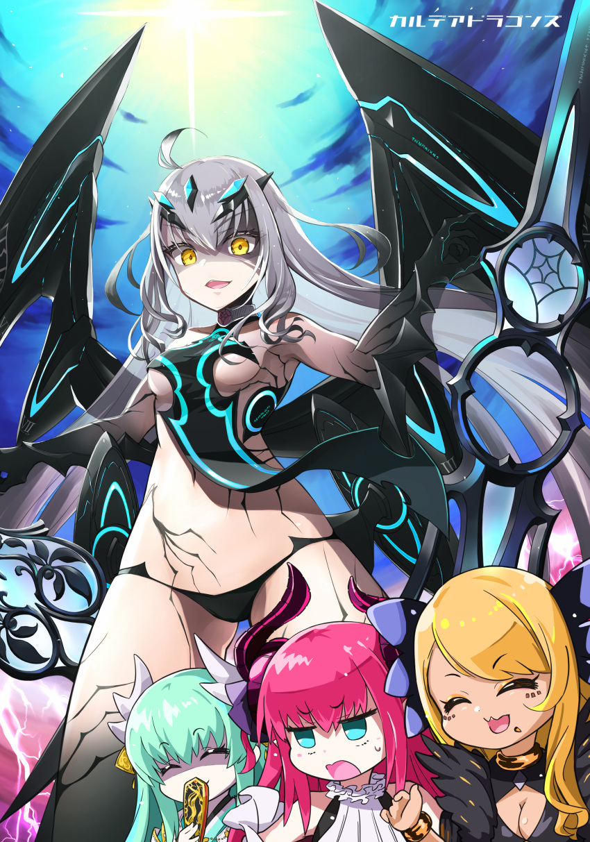 4girls, absurdres, bangs, bare_shoulders, body_markings, breasts, dragon_wings, elizabeth_bathory_(fate)