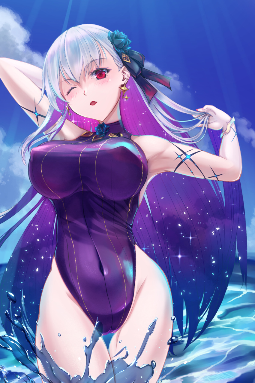 1girl, armpits, arms_up, bangs, bare_shoulders, blue_hair, blue_sky, blue_swimsuit
