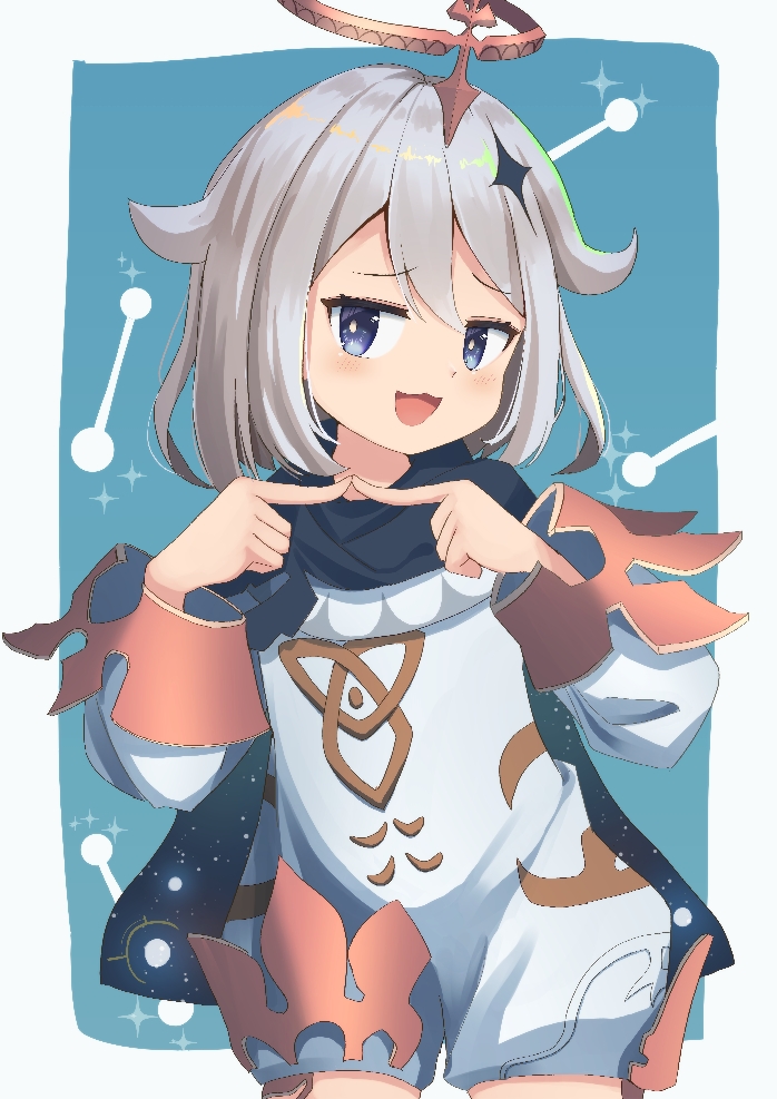 1girl, bangs, black_scarf, blue_background, blue_eyes, dress, eyebrows_visible_through_hair, fingers_together, genshin_impact, grey_hair, hair_between_eyes, hair_ornament, halo, kuricona, long_sleeves, looking_at_viewer, mechanical_halo, open_mouth, paimon_(genshin_impact), scarf, short_hair, smile, solo, white_dress, white_hair