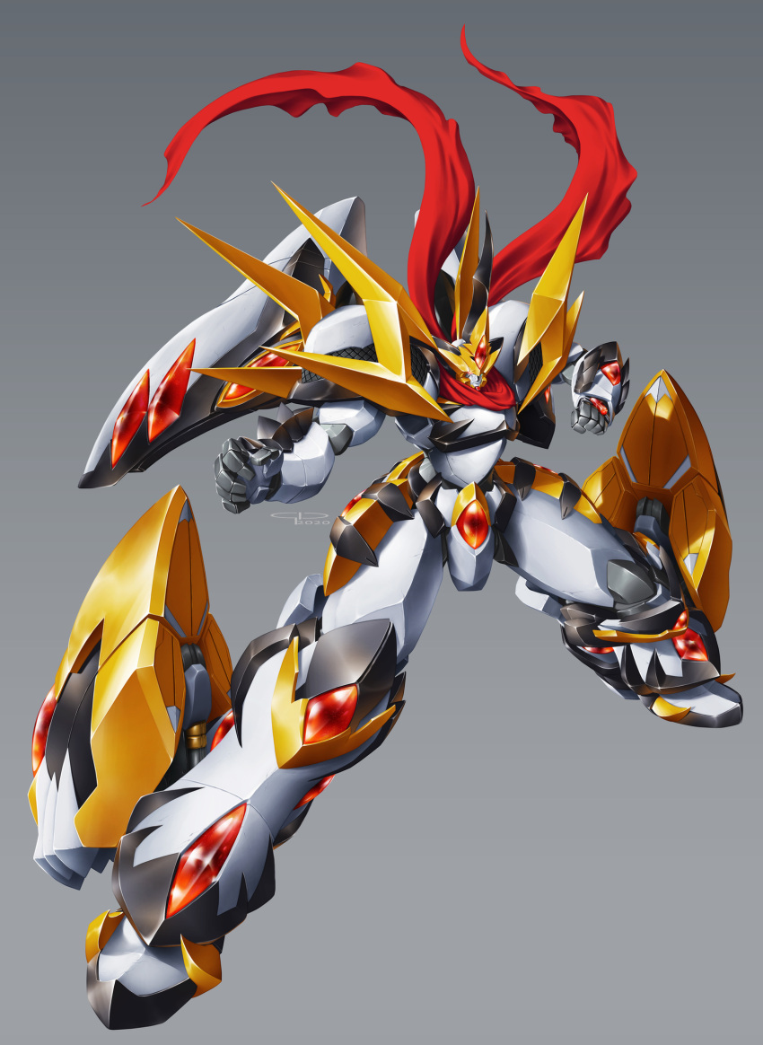 clenched_hands, dairaioh, fighting_stance, gio_tengco, glowing, glowing_eye, grey_background, highres