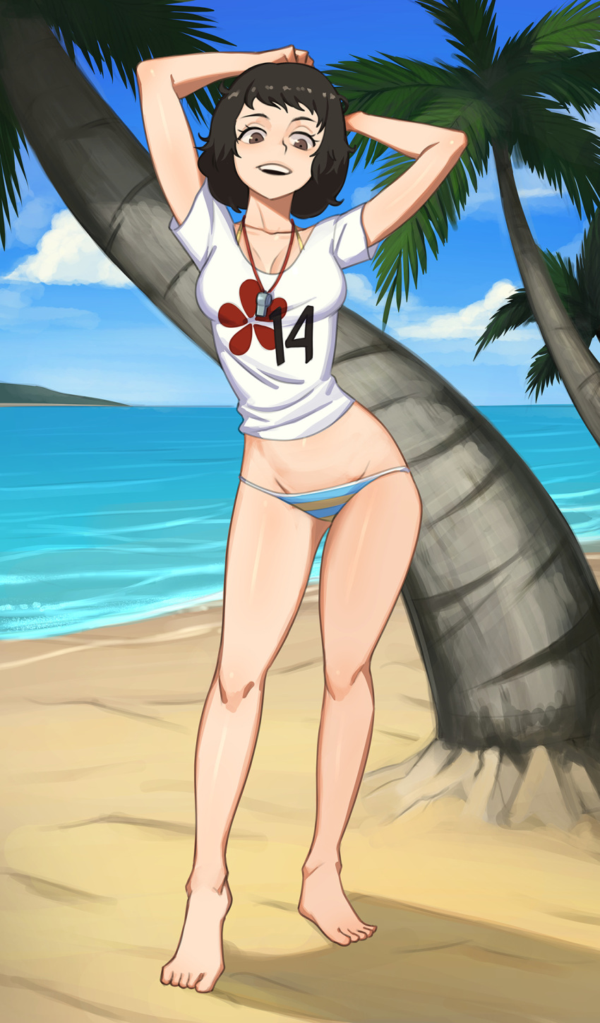 1girl, :d, arms_behind_head, bangs, barleyshake, beach, bikini, black_hair, blue_sky, breasts, brown_eyes, brown_hair, clouds, cloudy_sky, commentary, commission, full_body, highres, kawakami_sadayo, open_mouth, palm_tree, persona, persona_5, shirt, short_hair, short_sleeves, sky, smile, solo, standing, striped, striped_bikini, swimsuit, tree, whistle, whistle_around_neck