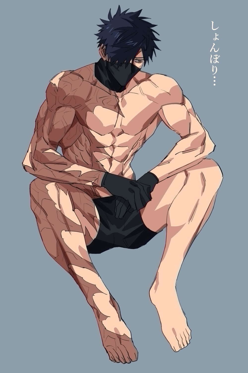 1boy, abs, barefoot, black_gloves, black_hair, black_shorts, burn_scar, full_body