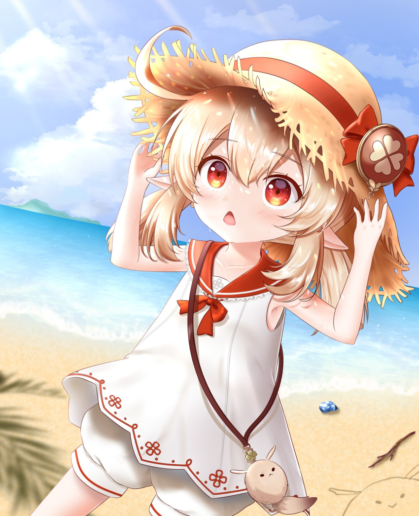 1girl, adjusting_clothes, adjusting_headwear, ahoge, alternate_costume, armpits, arms_up, bag, bangs, beach, bloomers, blue_sky, blurry, bow, casual, chestnut_mouth, clouds, cloudy_sky, clover_print, collarbone, commentary_request, depth_of_field, dodoco_(genshin_impact), dress, eyebrows_visible_through_hair, genshin_impact, hair_between_eyes, handbag, hat, hat_bow, hat_ornament, hat_ribbon, highres, horizon, klee_(genshin_impact), light_brown_hair, long_hair, looking_up, nyanyanoruru, ocean, parted_lips, red_eyes, ribbon, sailor_collar, sidelocks, sky, solo, straw_hat, sunlight, underwear, white_dress