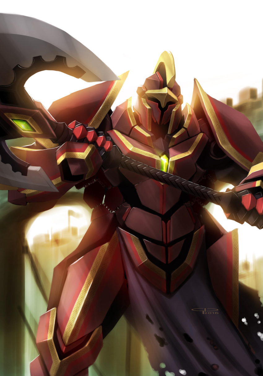 absurdres, axe, english_commentary, fantasy, flag, gio_tengco, highres, holding