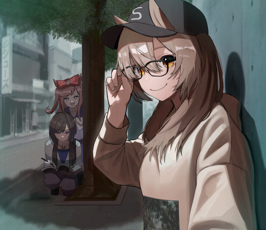 +_+, 3girls, :3, adjusting_eyewear, agnes_digital_(umamusume), alternate_costume, alternate_hairstyle, animal_ears
